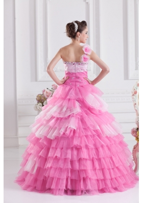 Pretty Rose Pink Princess One Shoulder Beading Quinceanera Dress with Ruffled Layers