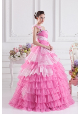 Pretty Rose Pink Princess One Shoulder Beading Quinceanera Dress with Ruffled Layers