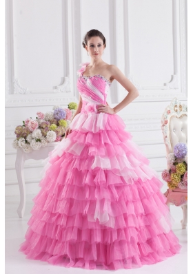 Pretty Rose Pink Princess One Shoulder Beading Quinceanera Dress with Ruffled Layers