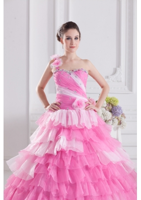 Pretty Rose Pink Princess One Shoulder Beading Quinceanera Dress with Ruffled Layers