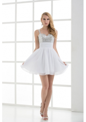 A-line Straps White Sleeveless Beading and Ruching  Prom Dress