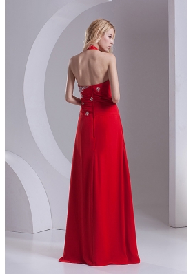 Column Halter Top Chiffon Beading Ruching Red Prom Dress