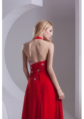 Column Halter Top Chiffon Beading Ruching Red Prom Dress