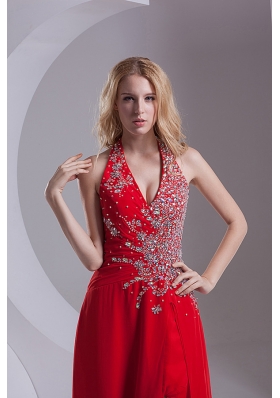 Column Halter Top Chiffon Beading Ruching Red Prom Dress