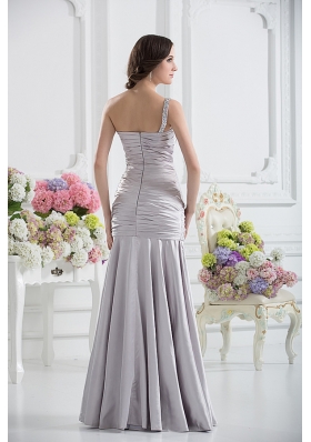 A-line One Shoulder Satin Beading and Ruching Prom Dress in Sliver