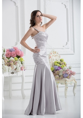 A-line One Shoulder Satin Beading and Ruching Prom Dress in Sliver