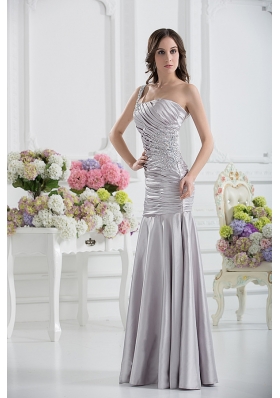 A-line One Shoulder Satin Beading and Ruching Prom Dress in Sliver