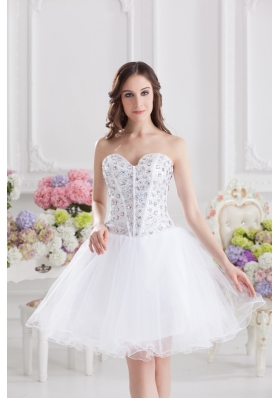 A-line Rhinestone Sweetheart Knee-length Prom Dress in White