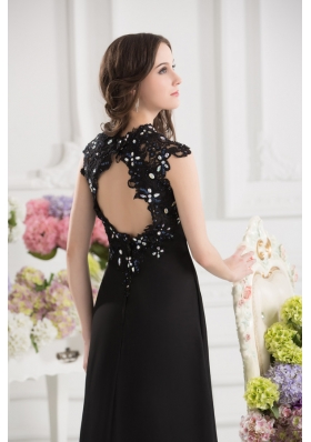 A-line V-neck Chiffon Beading Floor-length Prom Dress in Black