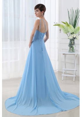 Aqua Blue One Shoulder Beading and Ruching Court Train Prom Dress