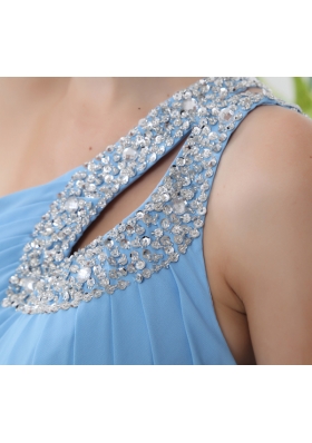 Aqua Blue One Shoulder Beading and Ruching Court Train Prom Dress