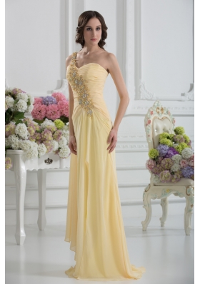 Bowknot Sweetheart Empire Watteau Train Prom Dress in Gold