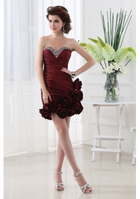 Column Burgundy Beadings Hand Made Flowers Sweetheart Prom  Dress