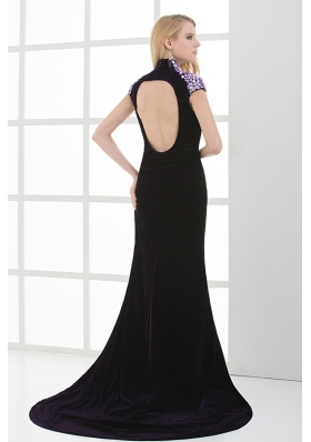 Column High-neck Cap Sleeves Dark Purple Beading High Slit Prom Dress