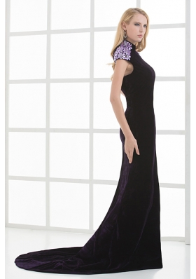 Column High-neck Cap Sleeves Dark Purple Beading High Slit Prom Dress