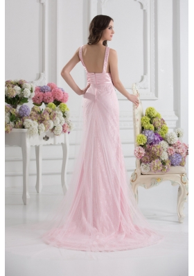 Column Straps Lace Appliques Ruching Baby Pink Lace Prom Dress