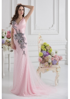 Column Straps Lace Appliques Ruching Baby Pink Lace Prom Dress