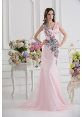 Column Straps Lace Appliques Ruching Baby Pink Lace Prom Dress