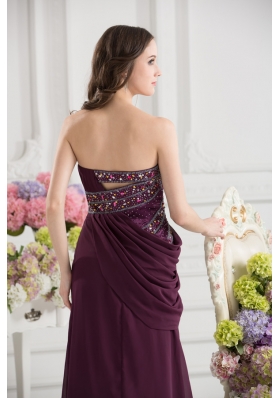 Dark Purple Column Strapless Floor-length Ruching Beading Prom Dress