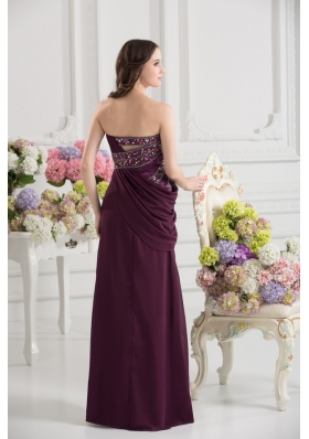 Dark Purple Column Strapless Floor-length Ruching Beading Prom Dress