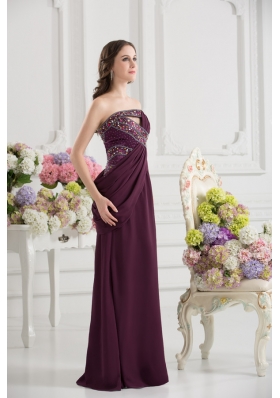 Dark Purple Column Strapless Floor-length Ruching Beading Prom Dress