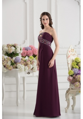 Dark Purple Column Strapless Floor-length Ruching Beading Prom Dress