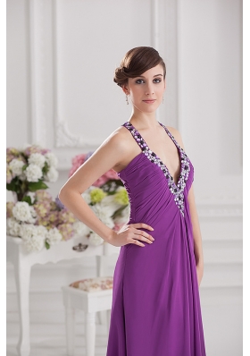 Eggplant Purple Empire V-neck Criss-cross Prom Dress with Beading