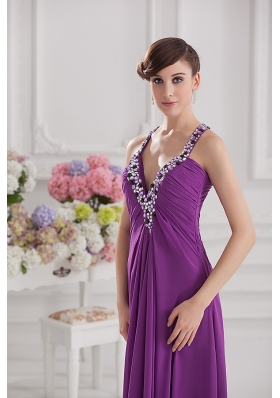 Eggplant Purple Empire V-neck Criss-cross Prom Dress with Beading