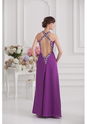 Eggplant Purple Empire V-neck Criss-cross Prom Dress with Beading