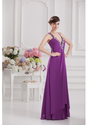 Eggplant Purple Empire V-neck Criss-cross Prom Dress with Beading