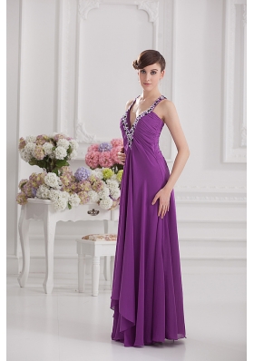 Eggplant Purple Empire V-neck Criss-cross Prom Dress with Beading