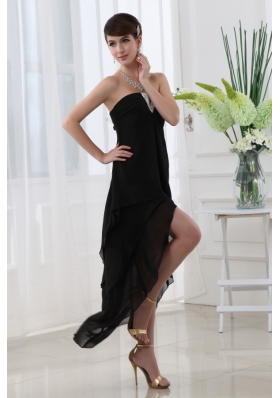 Empire Black Prom Dress with Strapless Ruffled Layers High-low Chiffon