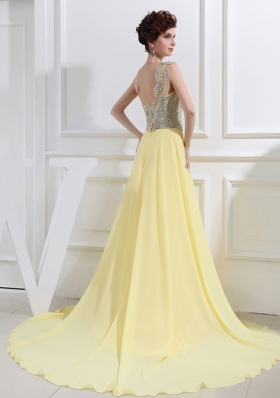 Empire Court Train Yellow Beading One Shoulder Prom Dress