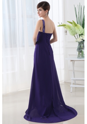 Empire One Shoulder Brush Train Appliques Purple Prom Dress
