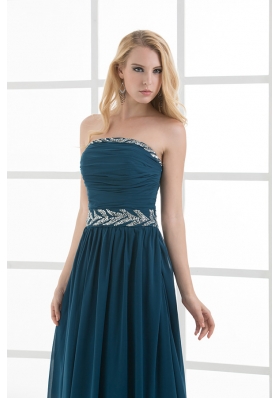 Empire Strapless Beading Blue Floor-length Chiffon Prom Dress