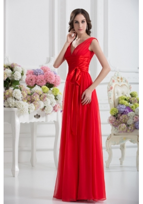 Empire V-neck Ruching Sashes Chiffon Prom Dress with Wine Red