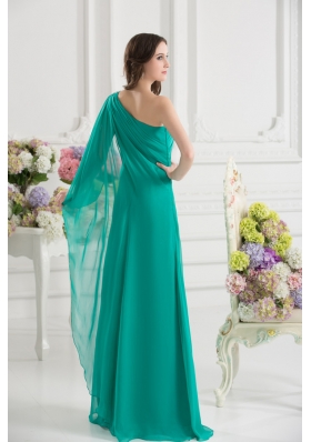 Green Empire One Shoulder Beading Watteau Train Ruching Prom Dress