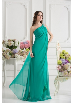 Green Empire One Shoulder Beading Watteau Train Ruching Prom Dress