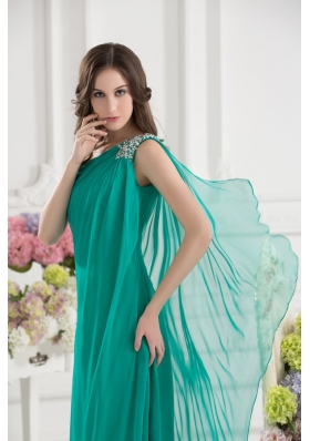 Green Empire One Shoulder Beading Watteau Train Ruching Prom Dress