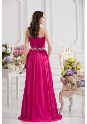 Hot Pink Empire Strapless Ruching Beading Brush Train Prom Dress