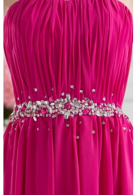 Hot Pink Empire Strapless Ruching Beading Brush Train Prom Dress