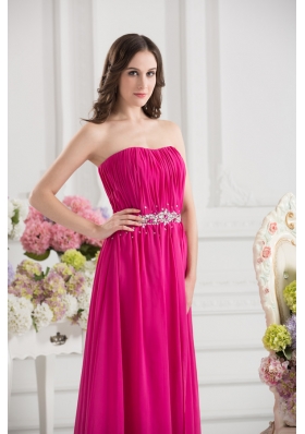 Hot Pink Empire Strapless Ruching Beading Brush Train Prom Dress