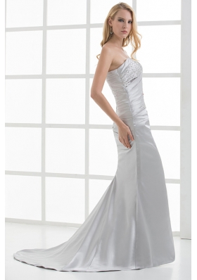 Mermaid Strapless Beading and Ruching Brush Train White Prom Dress