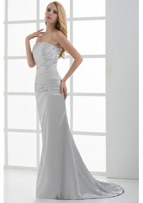 Mermaid Strapless Beading and Ruching Brush Train White Prom Dress