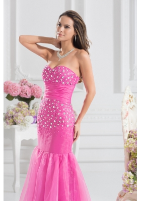 Mermaid Sweetheart Beading Floor-length Organza Hot Pink Prom Dress