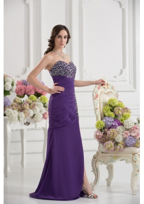 Mermaid Sweetheart Chiffon Beading Ruching Purple Prom Dress