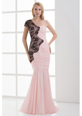 Mermaid Sweetheart Ruching Chiffon Lace Light Pink Prom Dress