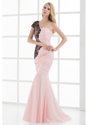 Mermaid Sweetheart Ruching Chiffon Lace Light Pink Prom Dress