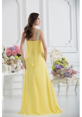 One Shoulder Column Ruching and Beading Prom Dress in Yellow