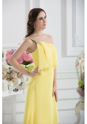 One Shoulder Column Ruching and Beading Prom Dress in Yellow